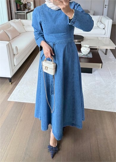 Belden Oturmalı Denim Elbise Mavi