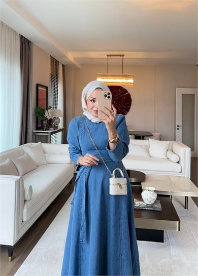 Belden Oturmalı Denim Elbise Mavi