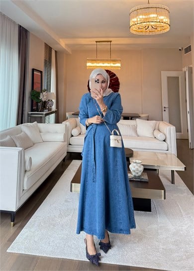 Belden Oturmalı Denim Elbise Mavi