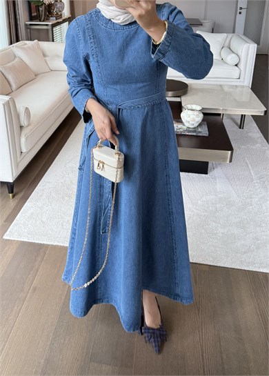Belden Oturmalı Denim Elbise Mavi