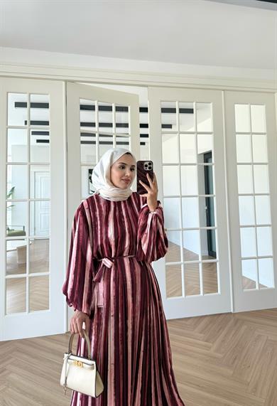 Bernadette Piliseli Grenli Elbise Bordo