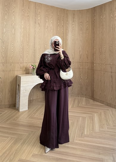 Bloom İşlemeli Takım Mürdüm 