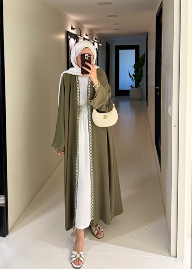 Brode Nakışlı Abaya Haki