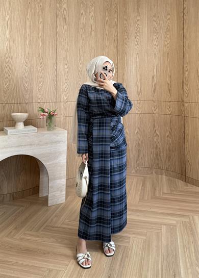 Büzgülü Ekose Etekli Takım İndigo