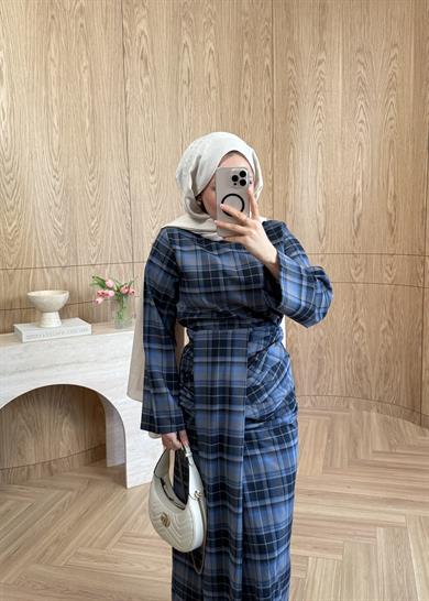 Büzgülü Ekose Etekli Takım İndigo