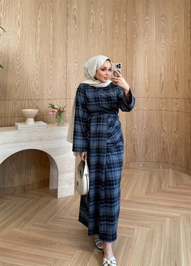 Büzgülü Ekose Etekli Takım İndigo