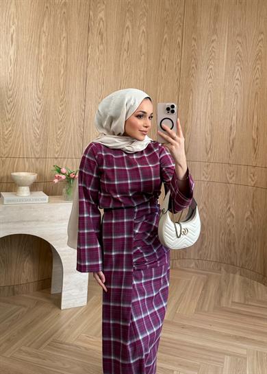 Büzgülü Ekose Etekli Takım Mürdüm