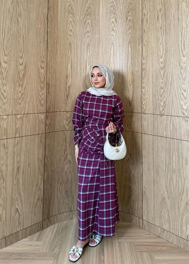 Büzgülü Ekose Etekli Takım Mürdüm