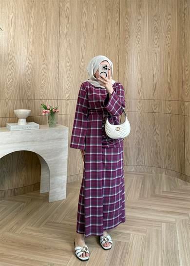 Büzgülü Ekose Etekli Takım Mürdüm