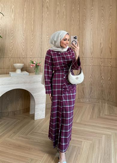 Büzgülü Ekose Etekli Takım Mürdüm