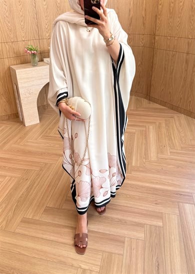 Çiçekli Kaftan Elbise Ekru