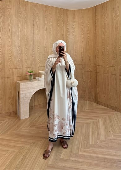 Çiçekli Kaftan Elbise Ekru