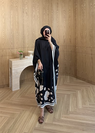 Çiçekli Kaftan Elbise Siyah