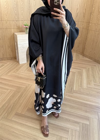 Çiçekli Kaftan Elbise Siyah