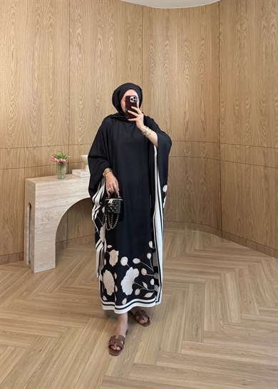 Çiçekli Kaftan Elbise Siyah