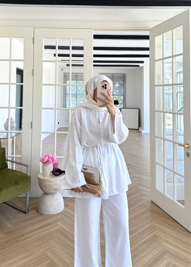 Çift Düğmeli Keten Takım Ekru