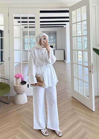 Çift Düğmeli Keten Takım Ekru