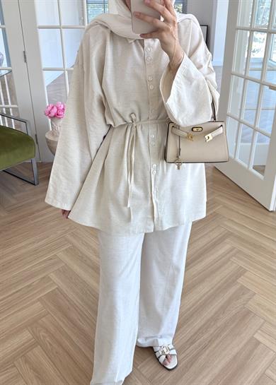 Çift Düğmeli Keten Takım Taş