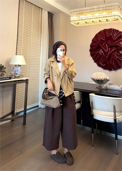 Çift Klapalı Kısa Trenç Camel