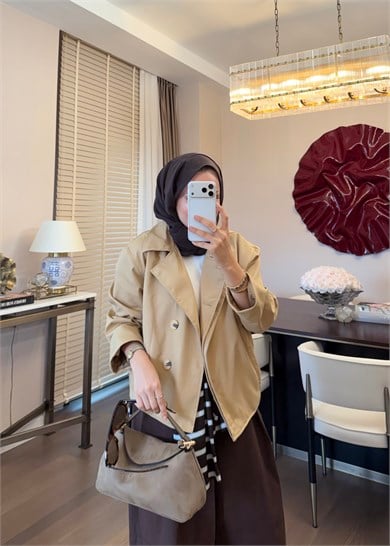 Çift Klapalı Kısa Trenç Camel