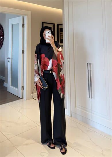 Çımalı Dikişli Palazzo  Krep Pantolon  Siyah