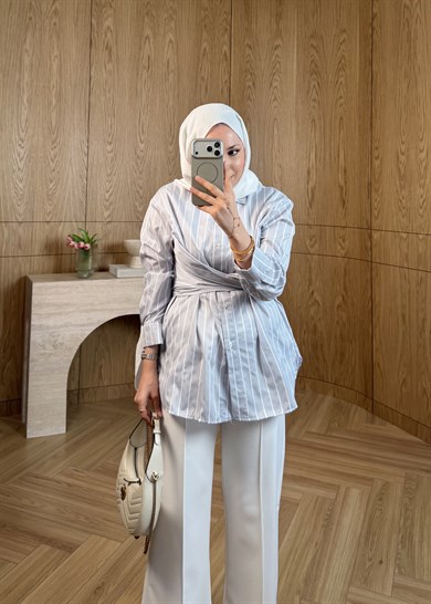 Çizgili Bağlamalı Gömlek Gri