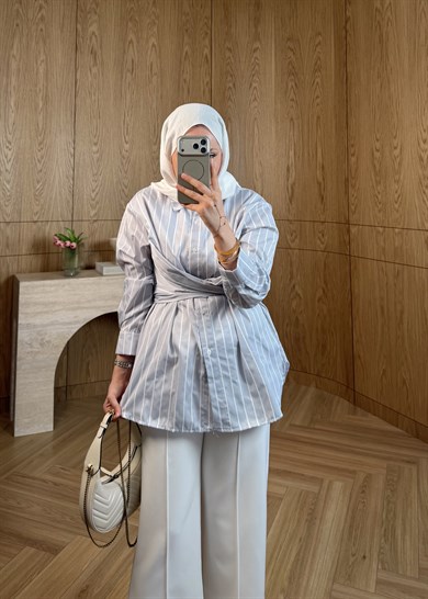 Çizgili Bağlamalı Gömlek Gri