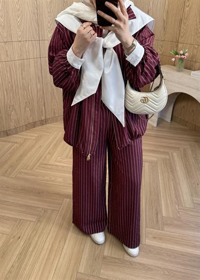 Çizgili Bomber Modal Takım Bordo