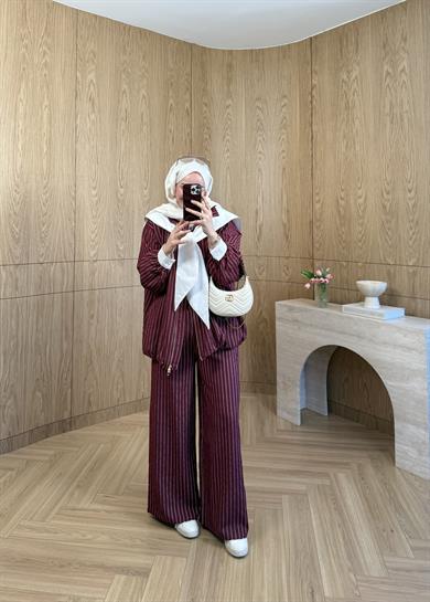 Çizgili Bomber Modal Takım Bordo