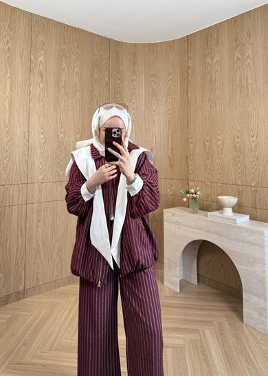 Çizgili Bomber Modal Takım Bordo