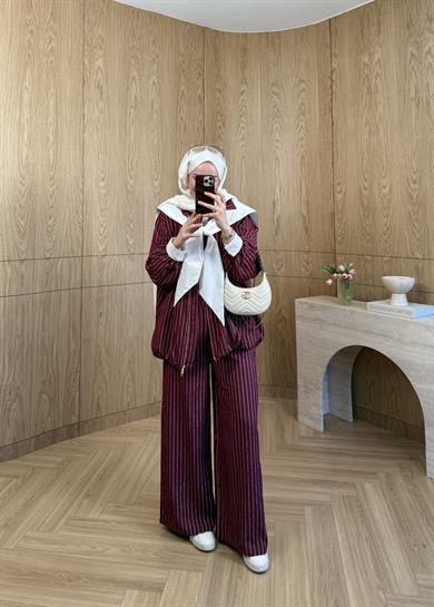 Çizgili Bomber Modal Takım Bordo