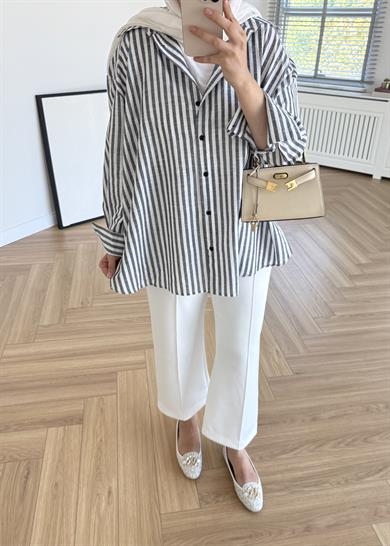 Çizgili Keten Gömlek Siyah