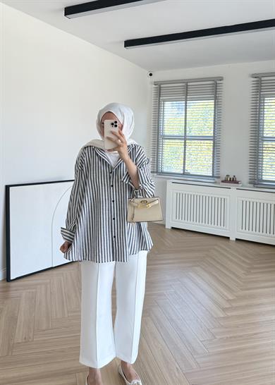 Çizgili Keten Gömlek Siyah