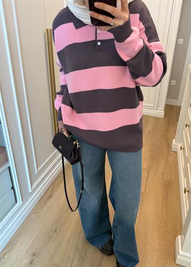 Çizgili Polo Yaka Detaylı Triko Kazak Pembe - Gri