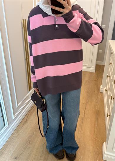 Çizgili Polo Yaka Detaylı Triko Kazak Pembe - Gri