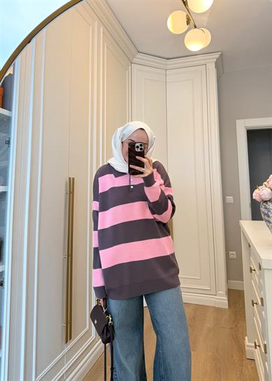 Çizgili Polo Yaka Detaylı Triko Kazak Pembe - Gri