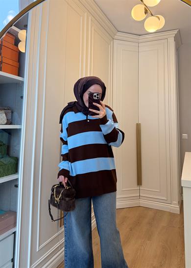 Çizgili Polo Yaka Detaylı Triko Kazak Mavi - Kahve