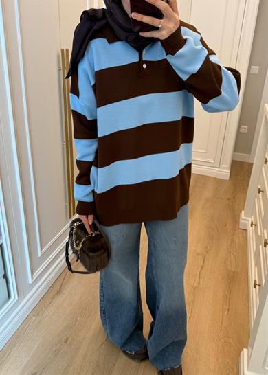 Çizgili Polo Yaka Detaylı Triko Kazak Mavi - Kahve