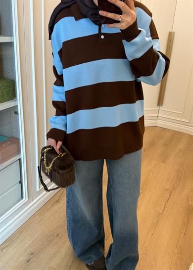 Çizgili Polo Yaka Detaylı Triko Kazak Mavi - Kahve