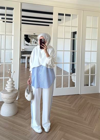 Pelerinli Çizgili Gömlek Takım Ekru