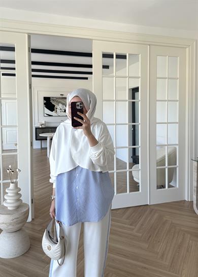 Pelerinli Çizgili Gömlek Takım Ekru