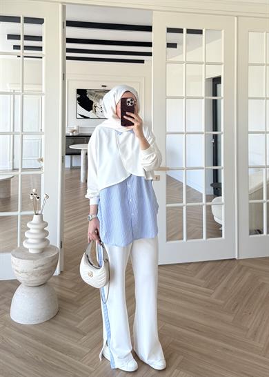 Pelerinli Çizgili Gömlek Takım Ekru