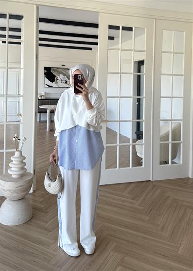 Pelerinli Çizgili Gömlek Takım Ekru