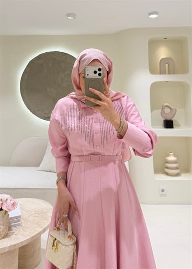 Cupra Tensel Taş İşlemeli Elbise Pembe