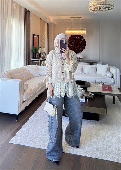 Dantel Detaylı V yaka Triko Hırka Camel