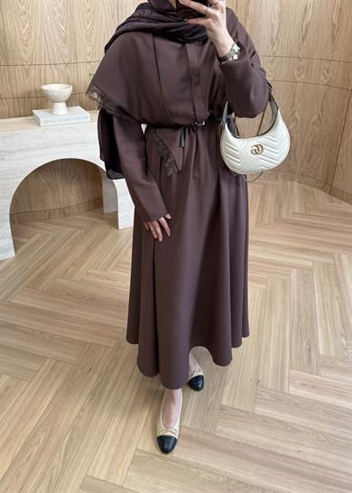 Dantelli Omuz Şallı Modal Elbise Kahverengi