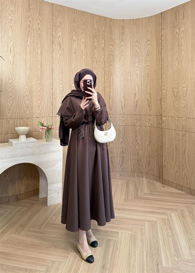 Dantelli Omuz Şallı Modal Elbise Kahverengi