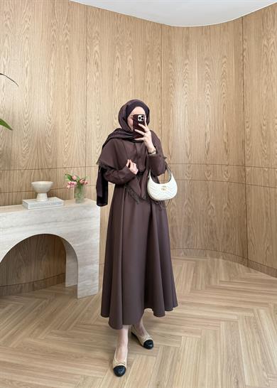 Dantelli Omuz Şallı Modal Elbise Kahverengi