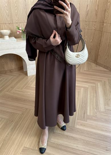 Dantelli Omuz Şallı Modal Elbise Kahverengi