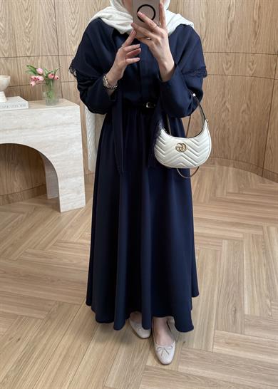 Dantelli Omuz Şallı Modal Elbise Lacivert